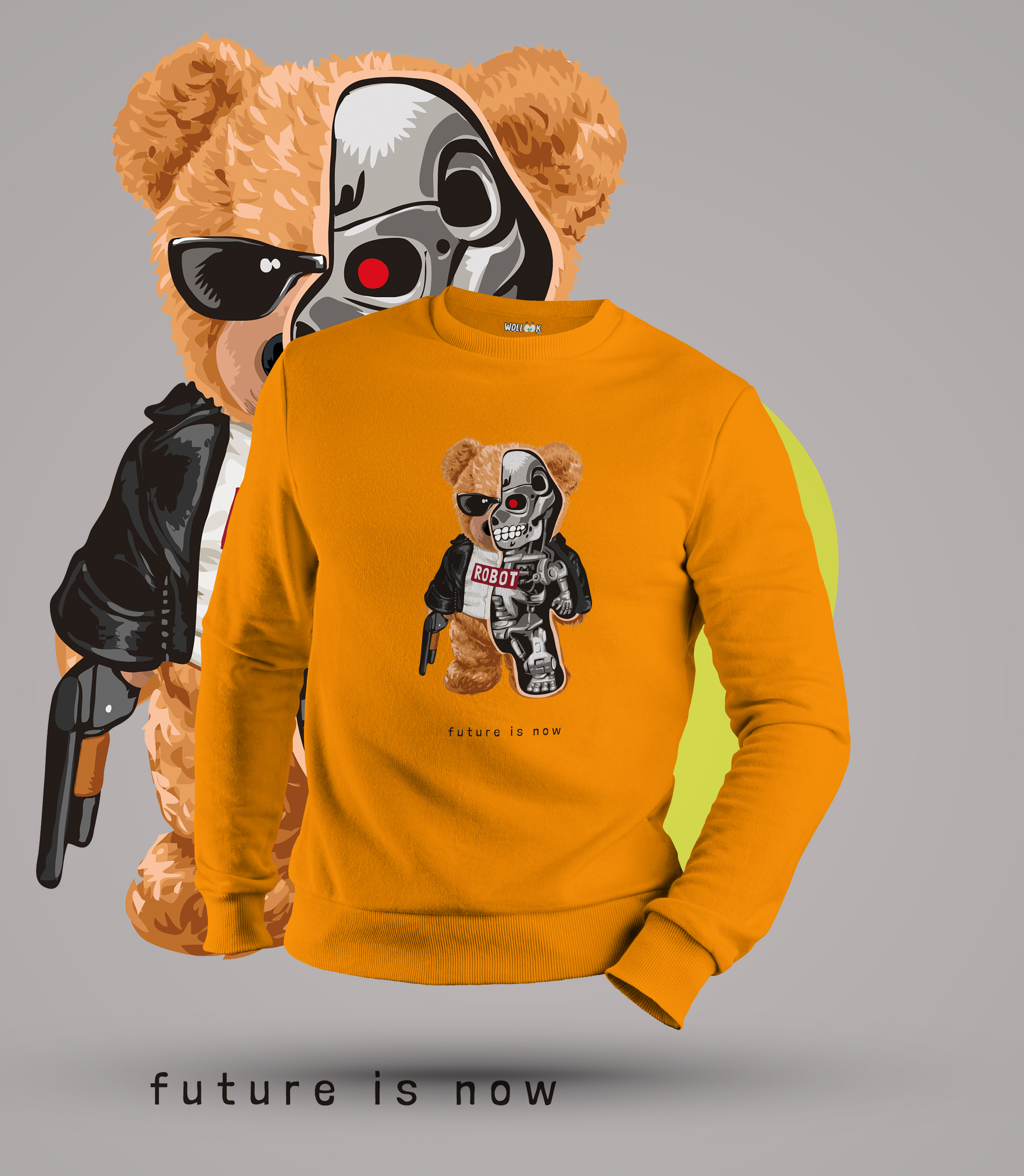 Robot Bear Sweatshirt Baskılı Kapüşonsuz Hardal Wollook