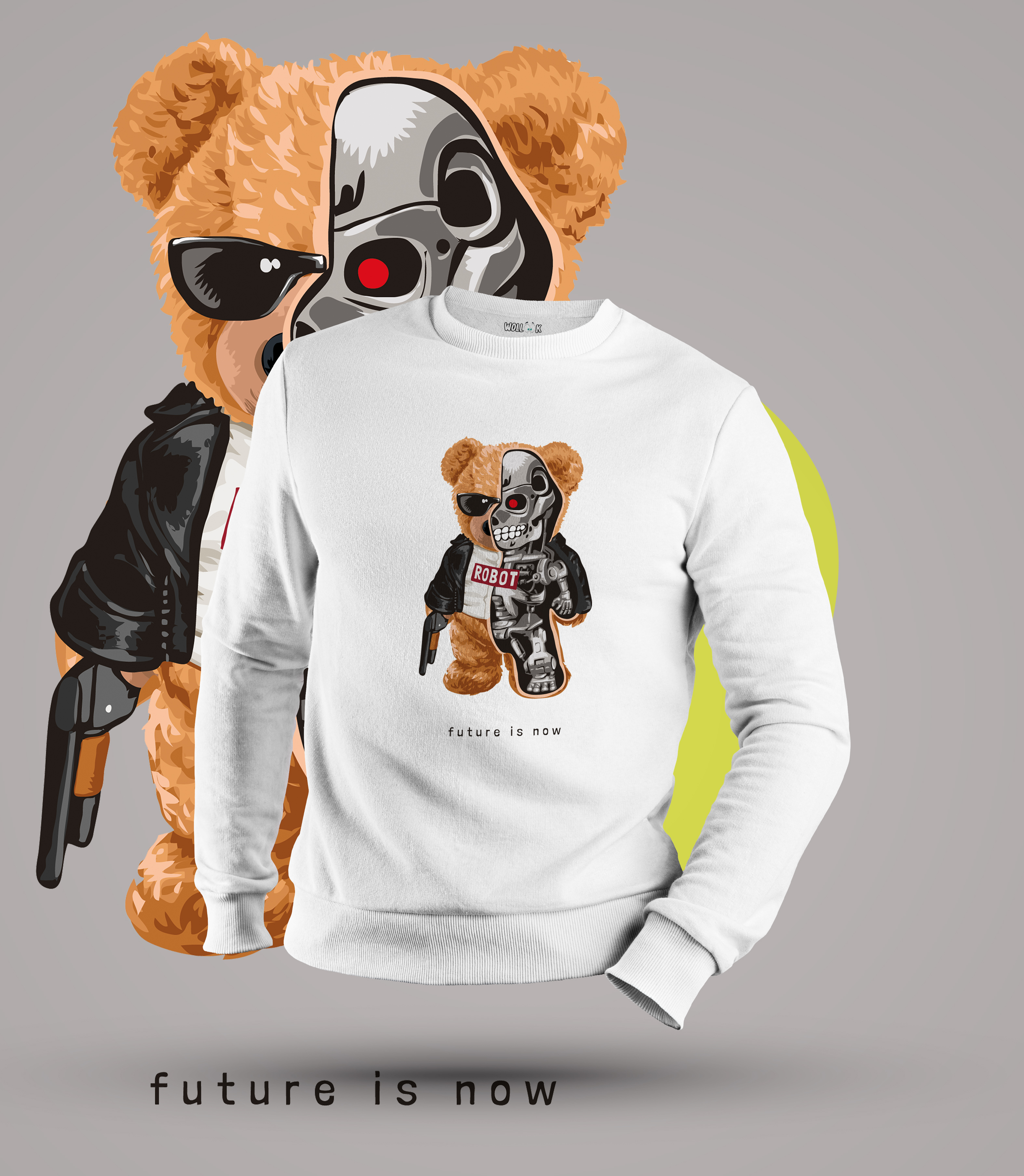 Robot Bear Sweatshirt Baskılı Kapüşonsuz Beyaz Wollook