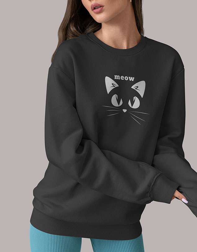Meow Sweatshirt Oversize Baskılı Kapüşonsuz Wollook